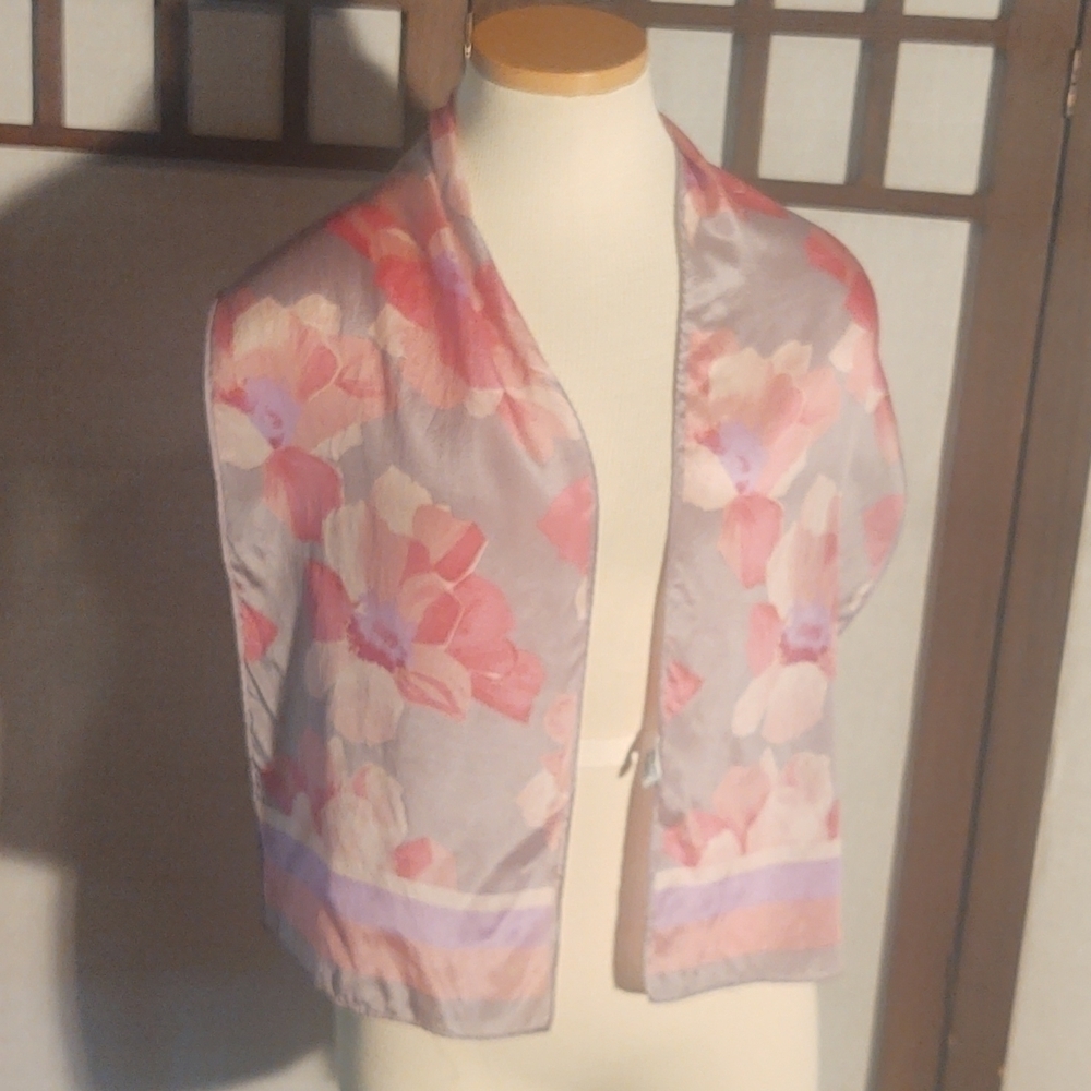 Gray and Pink Flowers Print Silk Scarf